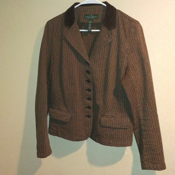 Lauren Ralph Lauren Brown Striped Cotton Blazer with Corduroy Collar Equestrian - Picture 1 of 6